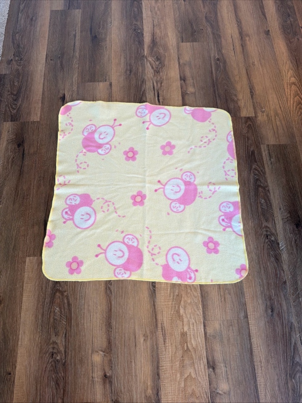 Yellow Baby Blanket with Pink Butterfly /bee Print